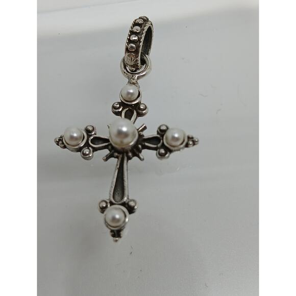Vintage Sterling Silver Cross Pendant Necklace Enhancer Faux Pearl Designer - Picture 9 of 9